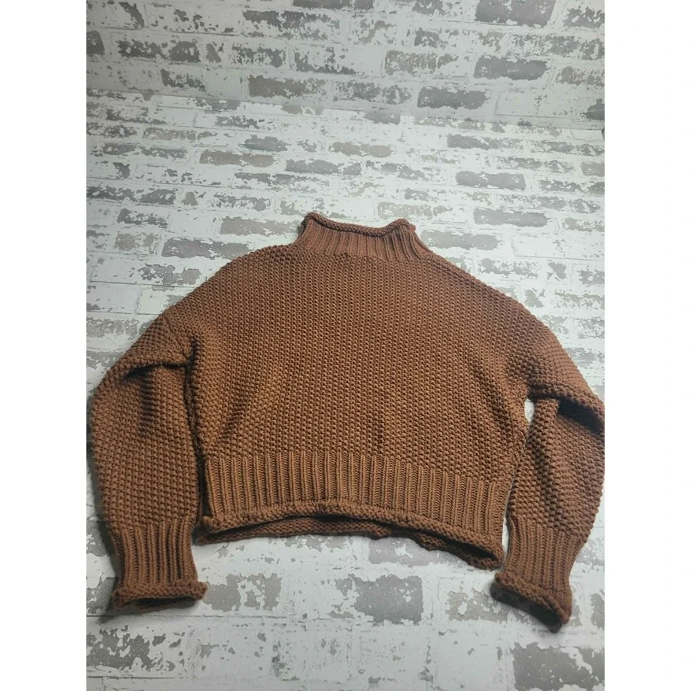 She + Sky Brown Mock Neck Chunky Knit Sweater‎ Women's Small 100% Cotton